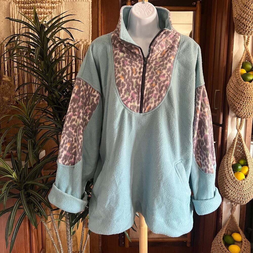 Vintage Y2K Quarter Zip Fleece XL Blue Pastel Leopard Pullover Sierra Pacific